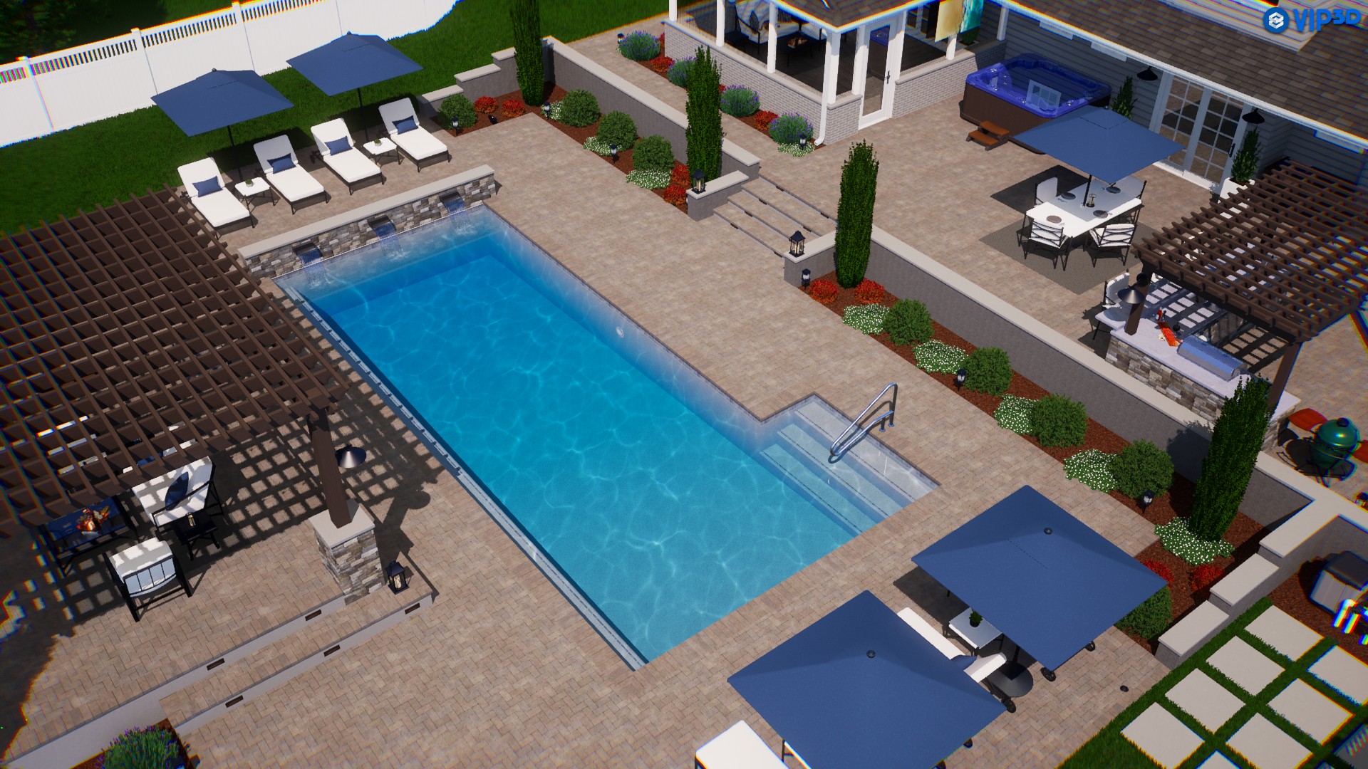 3D design rendering of a luxury backyard pool and patio featuring a stone fireplace, outdoor kitchen, and pergolas.