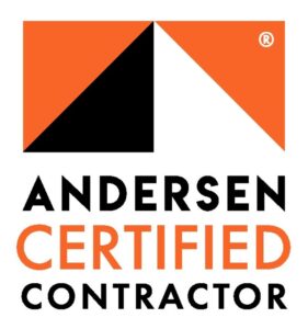Andersen Certified Contractor logo with a black and orange shield and a registered trademark symbol.
