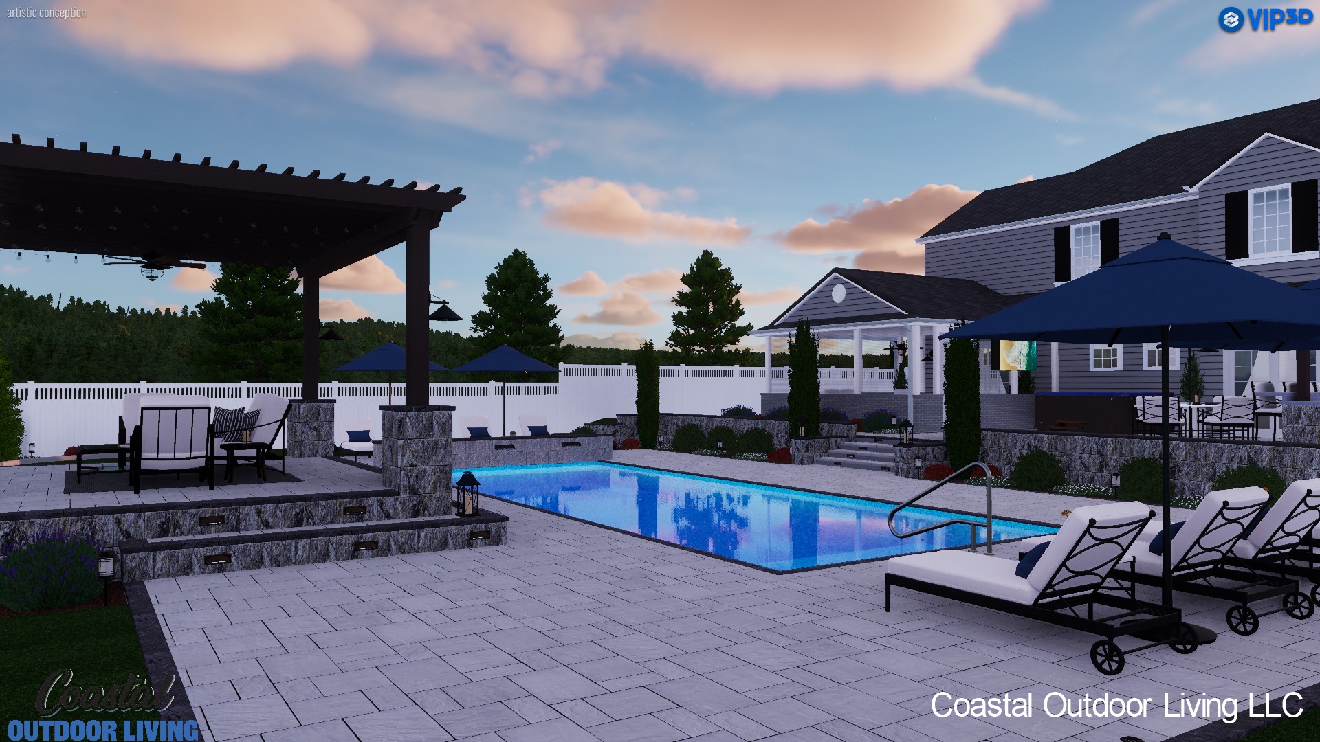 3D rendering of a luxury backyard featuring a rectangular swimming pool, custom stone pergola, and light gray paver patio with lounge seating.