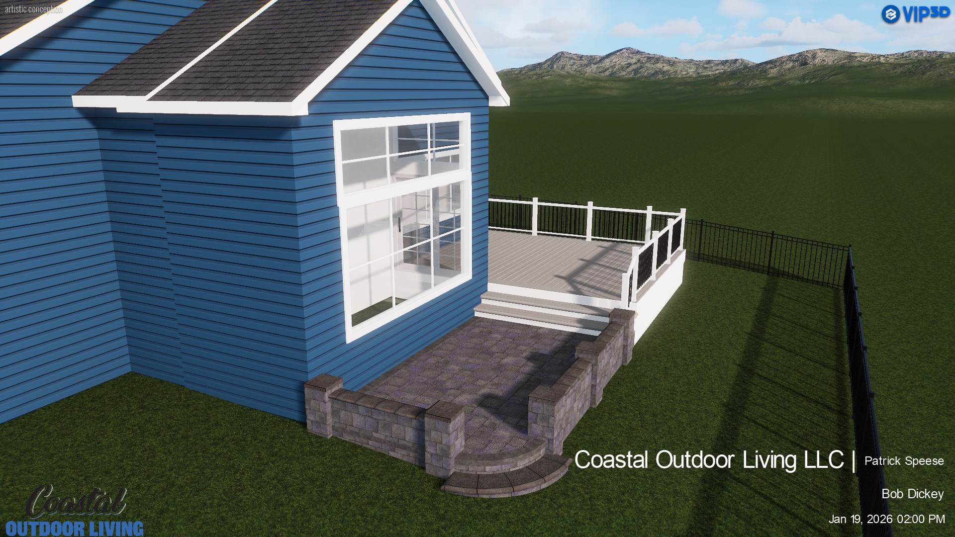 3D rendering of a backyard design featuring a grey paver patio, stone retaining wall, and a white-railed deck attached to a blue vinyl-sided house.
