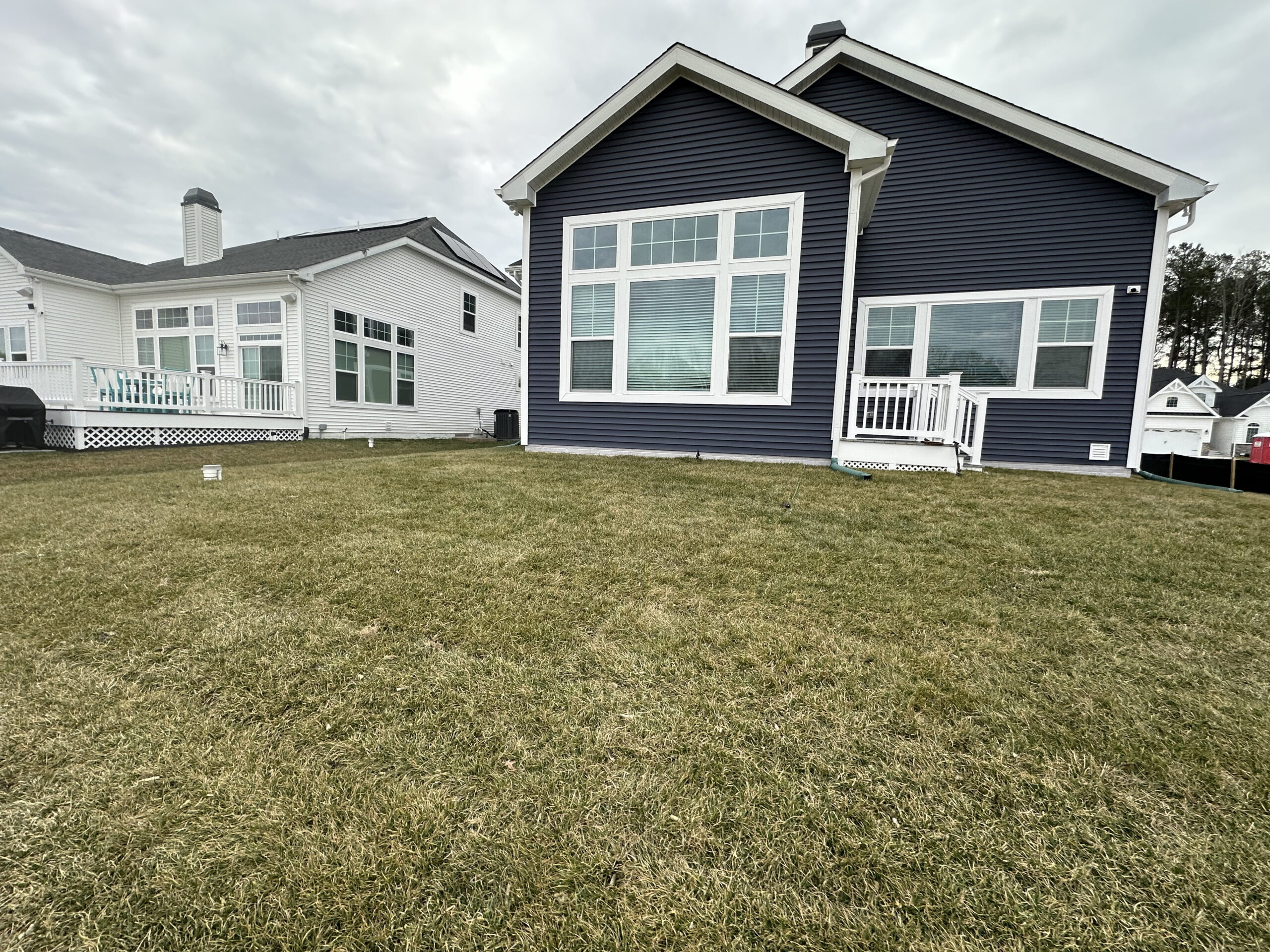Before photo of a residential backyard with a flat grass lawn behind a dark blue house with white trim.